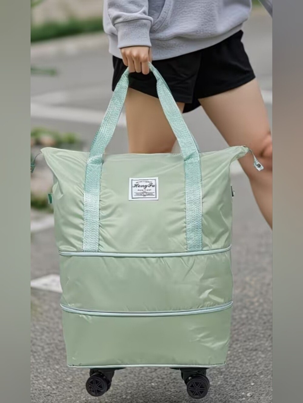 NWT Collapsible Celery Green Rolling TRAVEL SHOPPING GYM Tote Bag w/ Handles